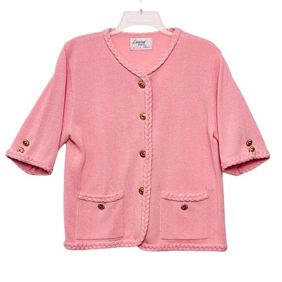 Vtg Laura By Alyzia Pink Knitted Cardigan Braids/Hems Luxury Neutral Sweater 8P - Picture 1 of 13